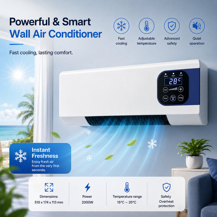 Sleek 2000W wall-mounted HVAC system. Ensures optimal year-round climate comfort with dual function technology.