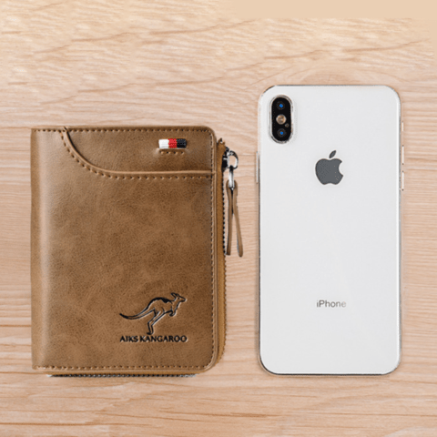 Open men's leather wallet, showing multiple card slots & RFID protection. Minimalist billfold design.