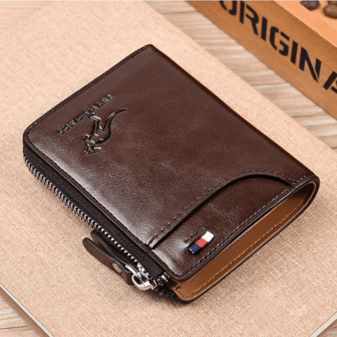 Slim profile men's leather wallet with anti-theft features & RFID protection. Minimalist everyday carry.