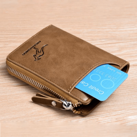 Back view of a minimalist men's leather wallet with anti-theft RFID protection. Secure card holder.