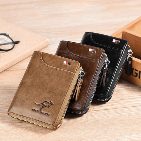 Close-up of premium genuine leather on a men's anti-theft wallet. RFID protected for security.