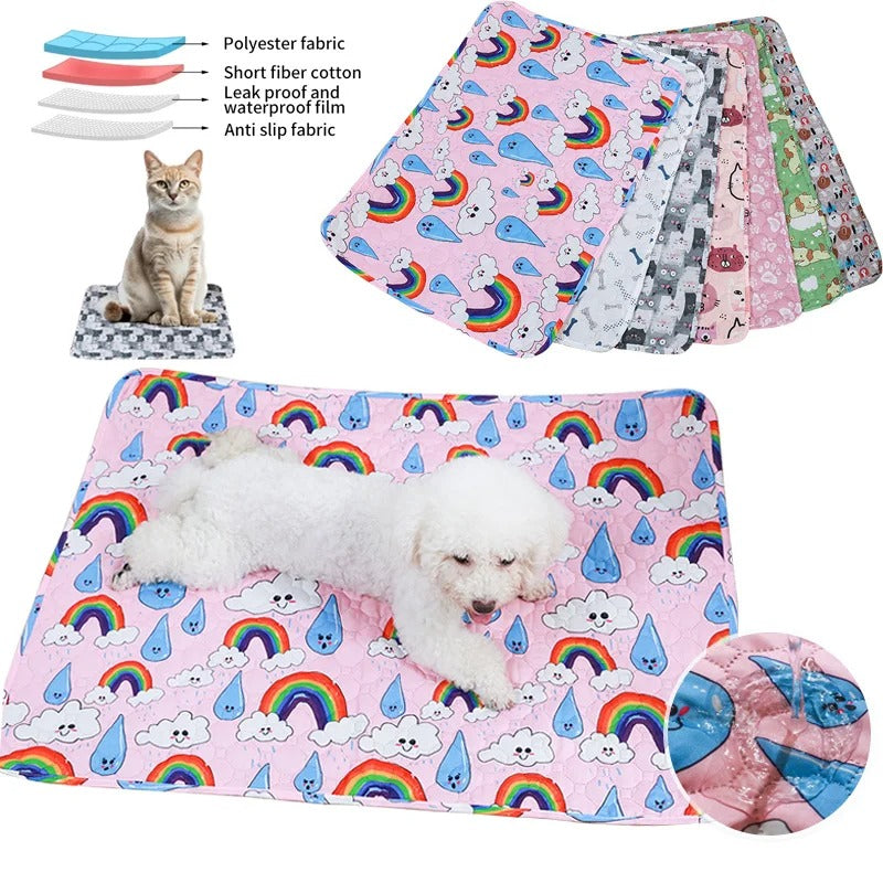 "Washable eco-friendly pet pee pad, super absorbent and reusable, shown on colorful background with paw print design."