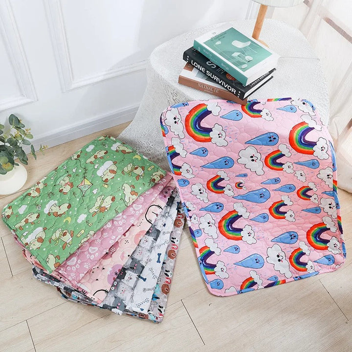 "Washable eco-friendly pet pee pad, super absorbent and reusable, shown on colorful background with paw print design."