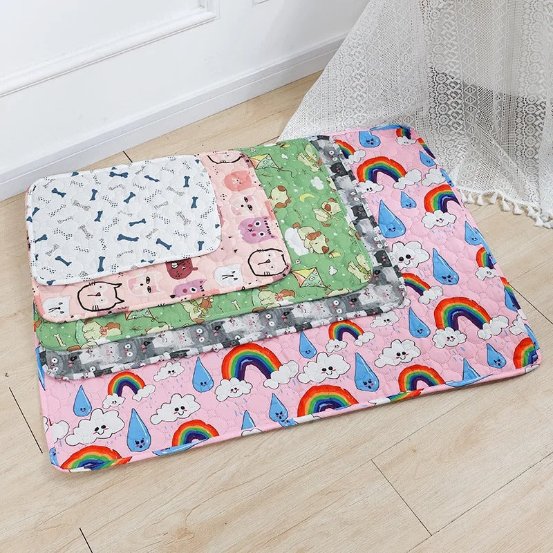 "Washable eco-friendly pet pee pad, super absorbent and reusable, shown on colorful background with paw print design."