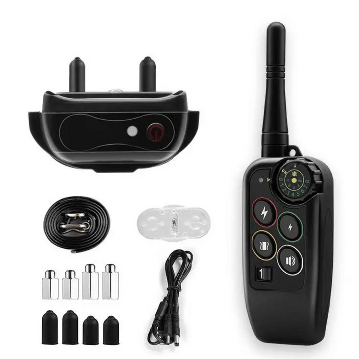 Waterproof dog training e-collar with remote control, 1000m range, adjustable modes, durable for all breeds in any weather.
