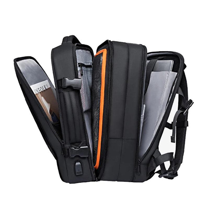 "Waterproof expandable travel backpack in black, roomy design for men and women, ideal for versatile adventures."