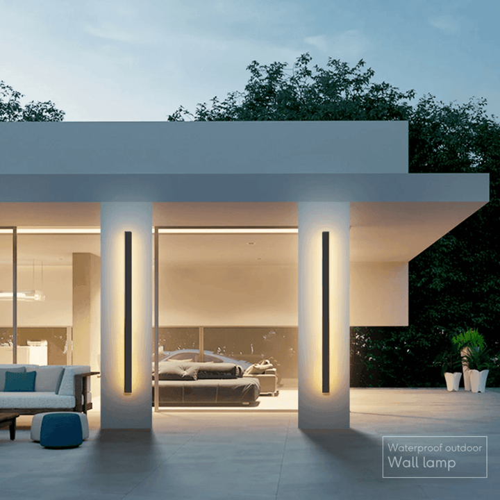 Modern architectural LED wall sconce for patio & garden, energy-efficient outdoor lighting, sleek weatherproof design.