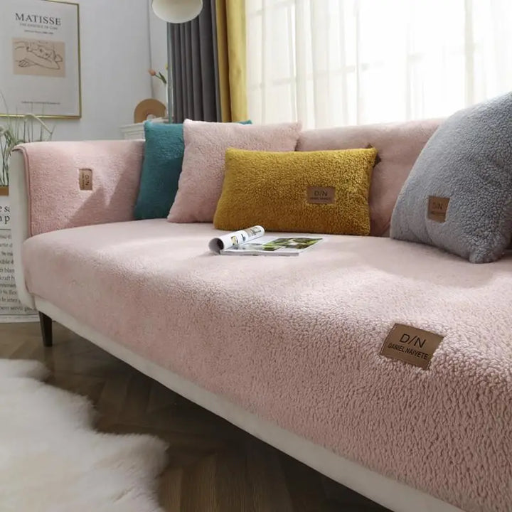 "Waterproof non-slip Sherpa fleece sofa cover in cozy faux lambswool texture, fits various sizes for ultimate comfort."