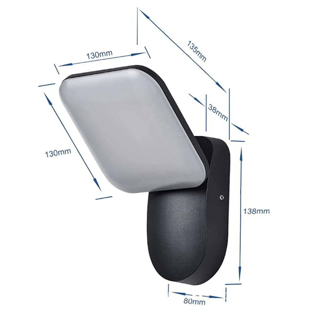 Waterproof outdoor LED wall light with PIR motion sensor, modern design, black aluminum, IP65 rated, enhancing exterior.