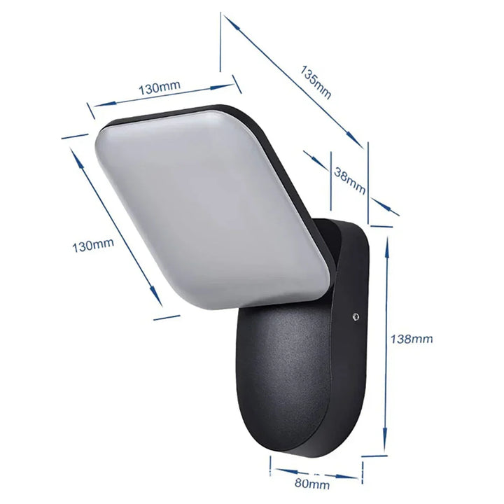 Waterproof outdoor LED wall light with PIR motion sensor, modern design, black aluminum, IP65 rated, enhancing exterior.