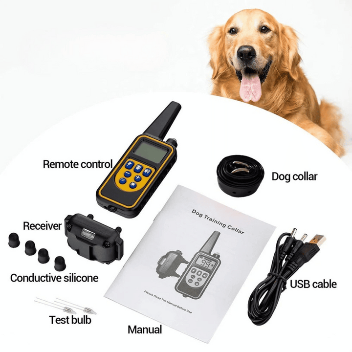 "Waterproof rechargeable remote-controlled dog training collar with adjustable fit and multiple training modes for all dogs."