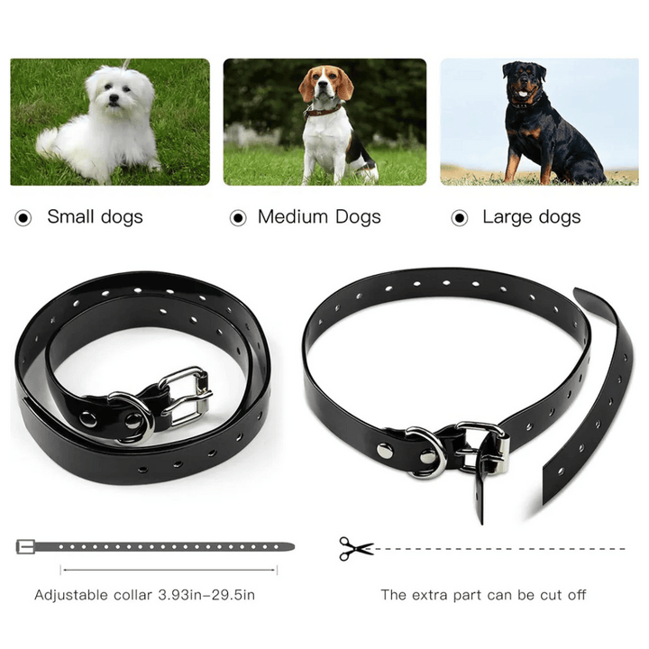 "Waterproof rechargeable remote-controlled dog training collar with adjustable fit and multiple training modes for all dogs."
