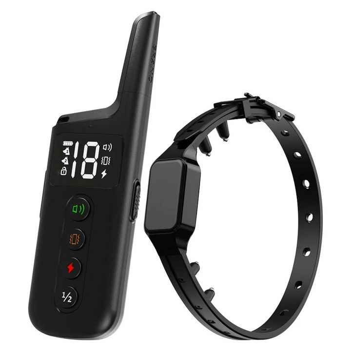 Waterproof shock dog training collar with remote, black adjustable strap, buttons for beep, vibration, safe shock modes.