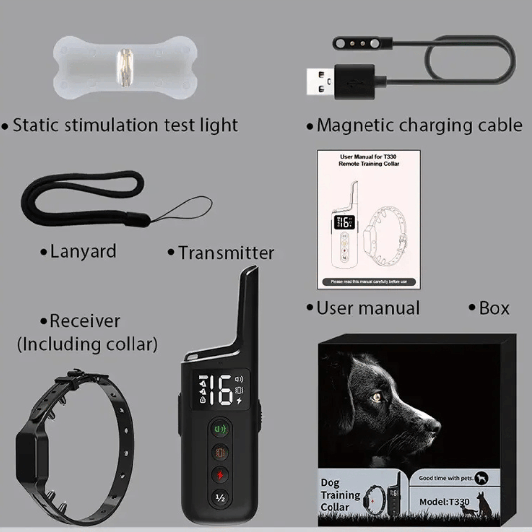Waterproof shock dog training collar with remote, black adjustable strap, buttons for beep, vibration, safe shock modes.