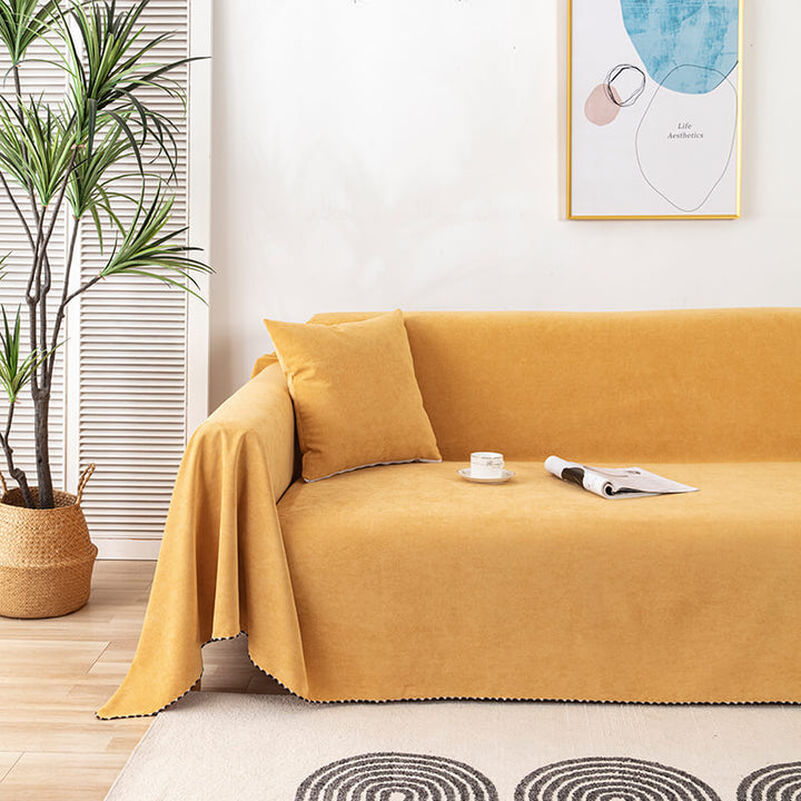 Waterproof sofa throw with jacquard edge, non-slip design, corduroy, and polyester material, protects against spills.