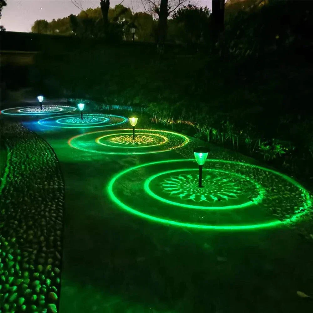 Weatherproof garden light casting intricate mandala shadows, solar-powered, LED, IP65 waterproof, enhances outdoor decor.