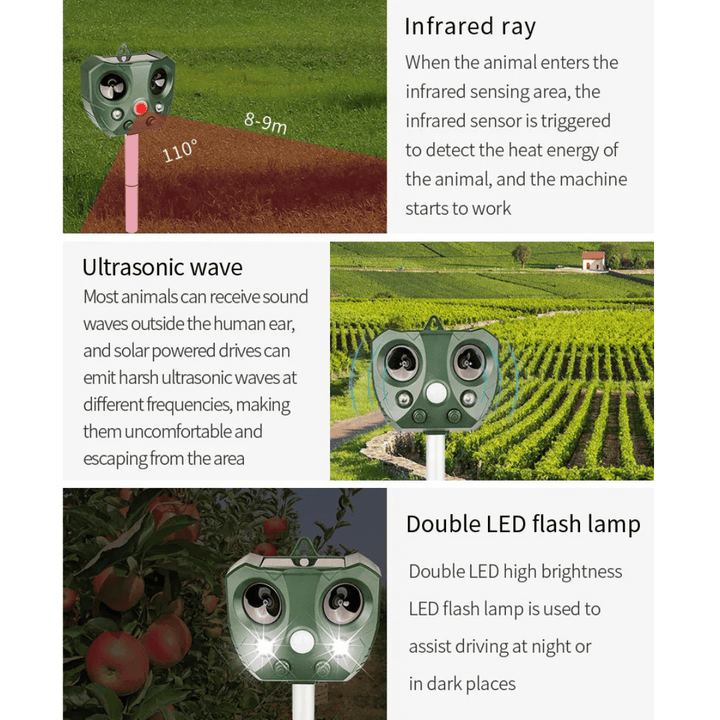 "Weatherproof solar ultrasonic animal repeller in garden, motion-activated to deter pests like cats and rodents."