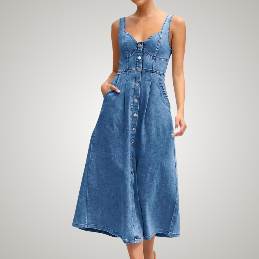 Classic women's sleeveless denim midi dress with full button-front, in a versatile blue. Elegant and comfortable.
