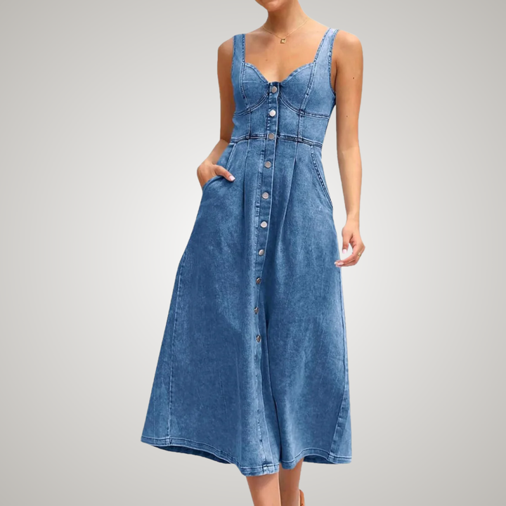 Classic women's sleeveless denim midi dress with full button-front, in a versatile blue. Elegant and comfortable.