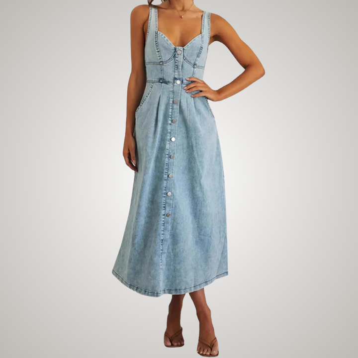 Blue denim midi dress for women, sleeveless, with a classic button-front. Casual elegance for any day.