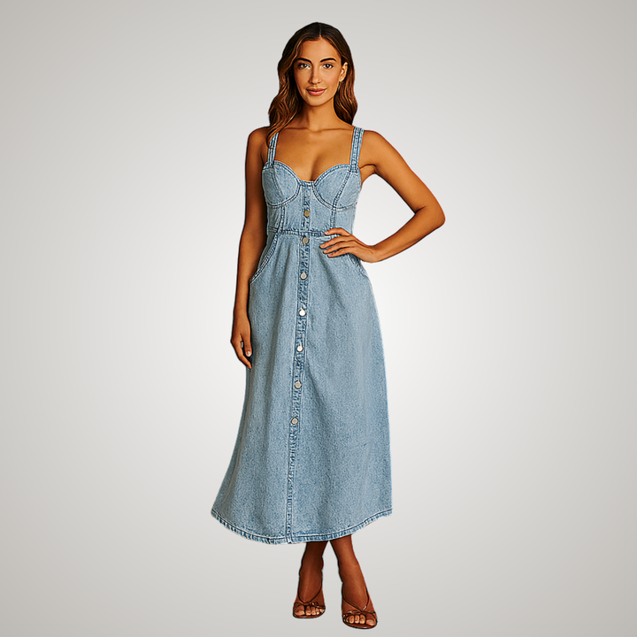 Stylish women's summer day dress: blue sleeveless denim midi with elegant button-front. A-line silhouette.