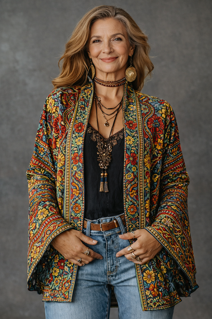 Artistic Bohemian patterned women's cardigan, a flowing and comfortable layering fashion piece.