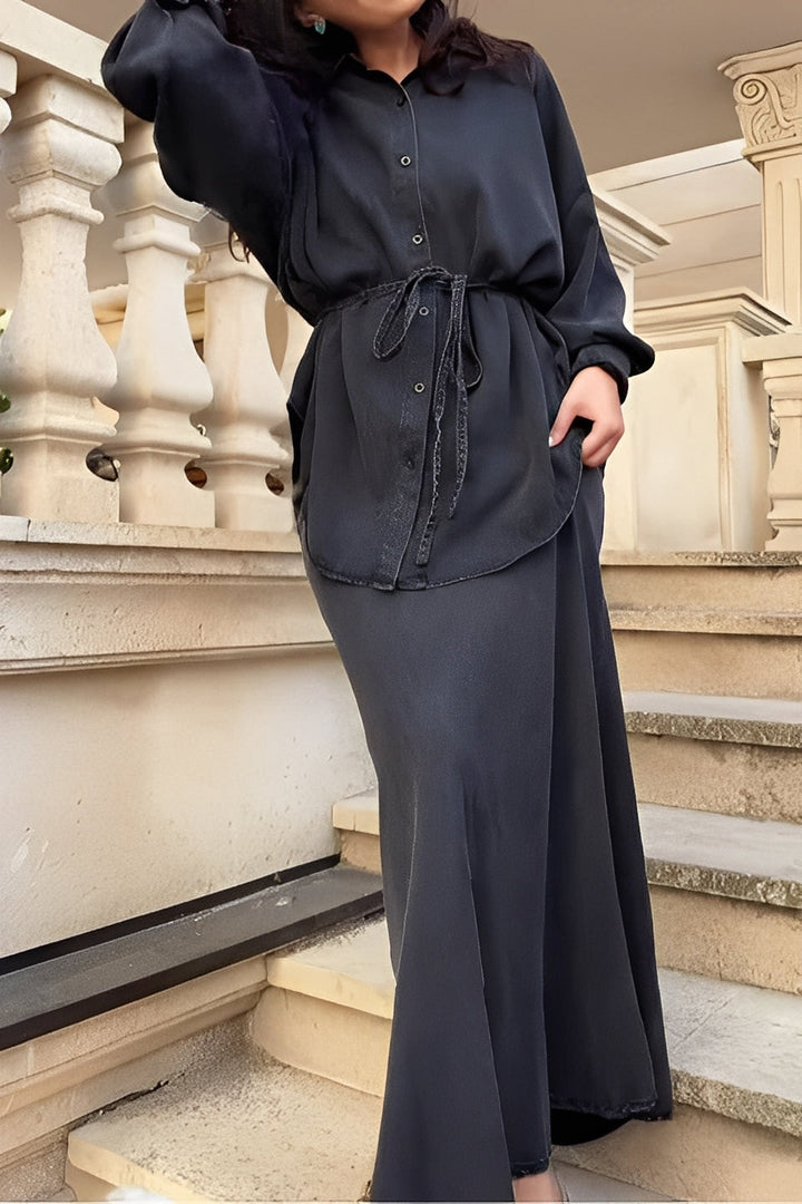 Women's chic button shirt and tie-waist maxi skirt set for a coordinated and elegant look.