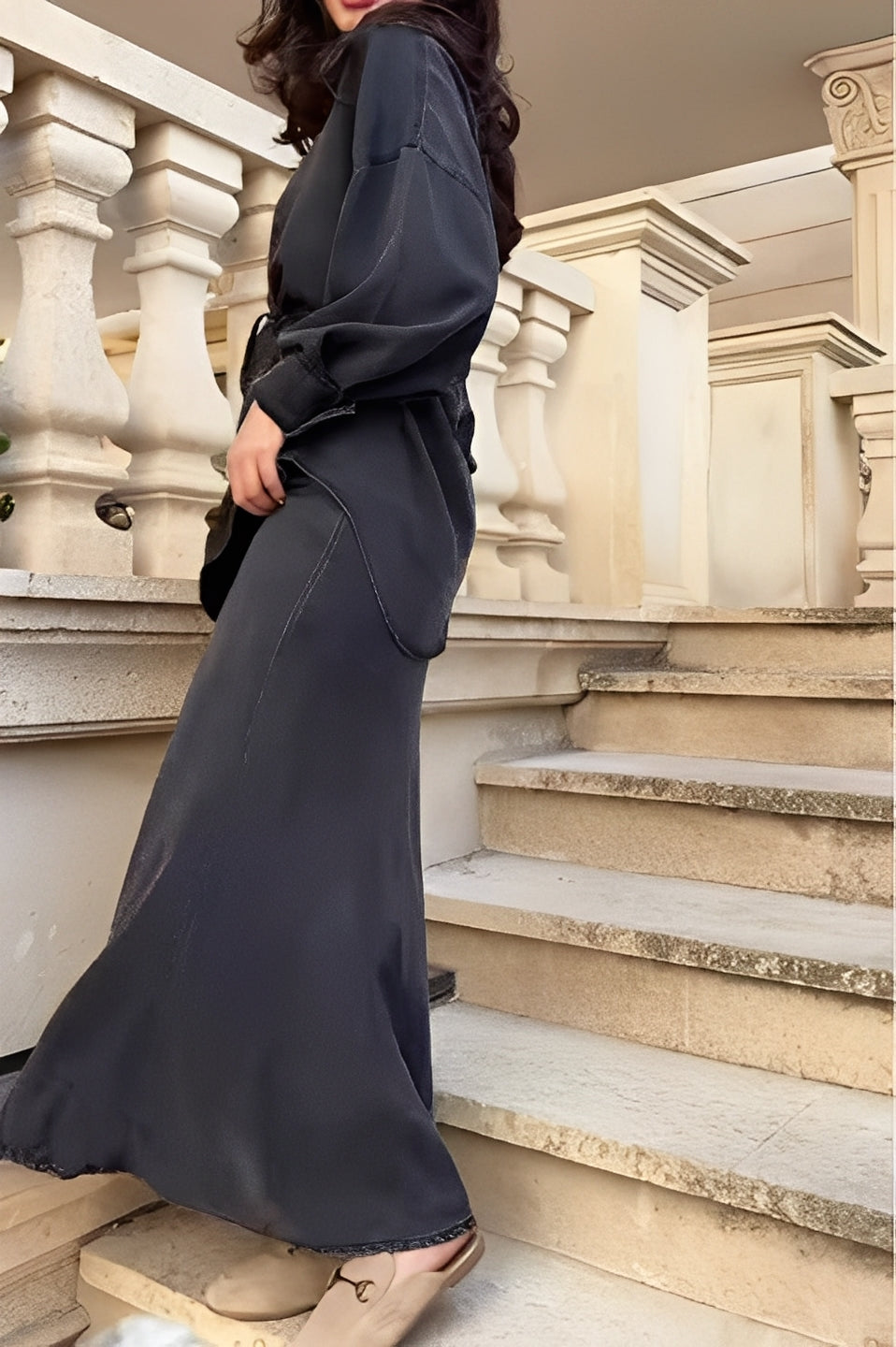 Coordinated women's fashion: a sophisticated button shirt and a flowing maxi skirt ensemble.