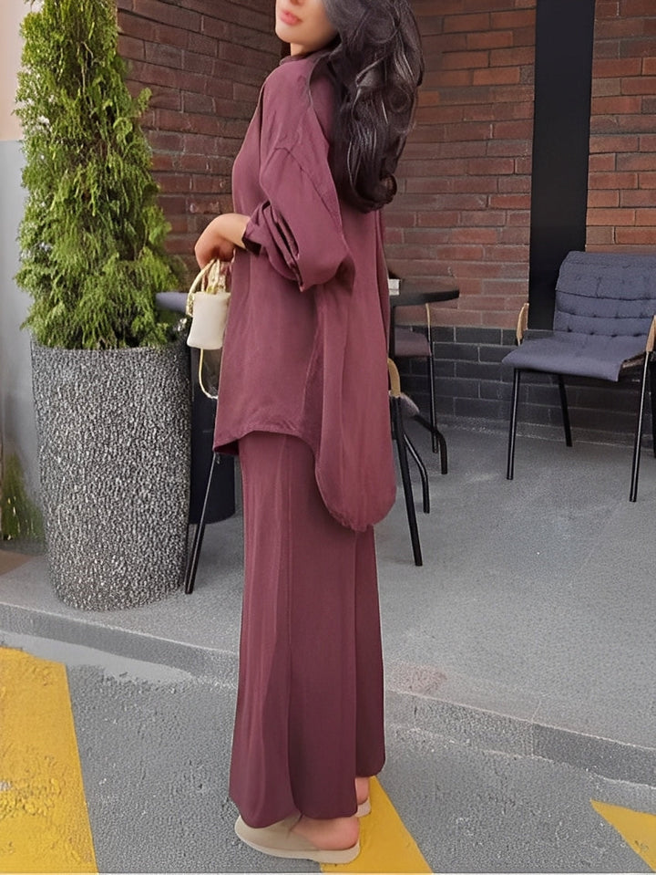 Women's stylish long sleeve button shirt and matching maxi skirt, a perfect coordinated set.