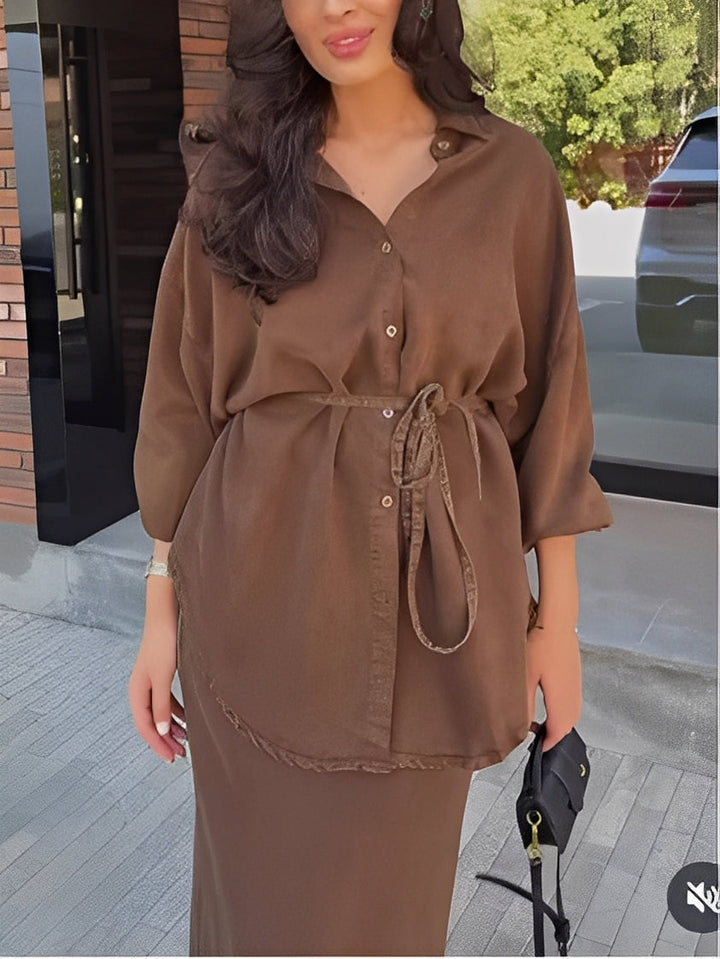 Fashionable women's two-piece set featuring an elegant button shirt and a versatile maxi skirt.