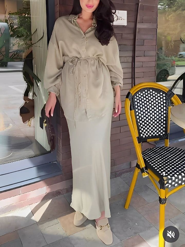 Versatile women's two-piece set with a long sleeve button shirt and a comfortable maxi skirt.