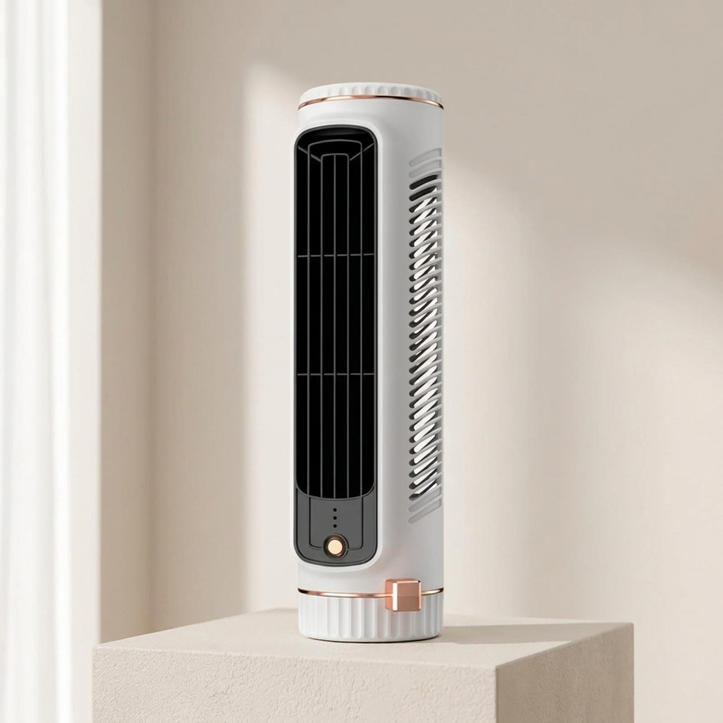 White bladeless portable tower fan for personal desk cooling. Quiet USB rechargeable design for office comfort.
