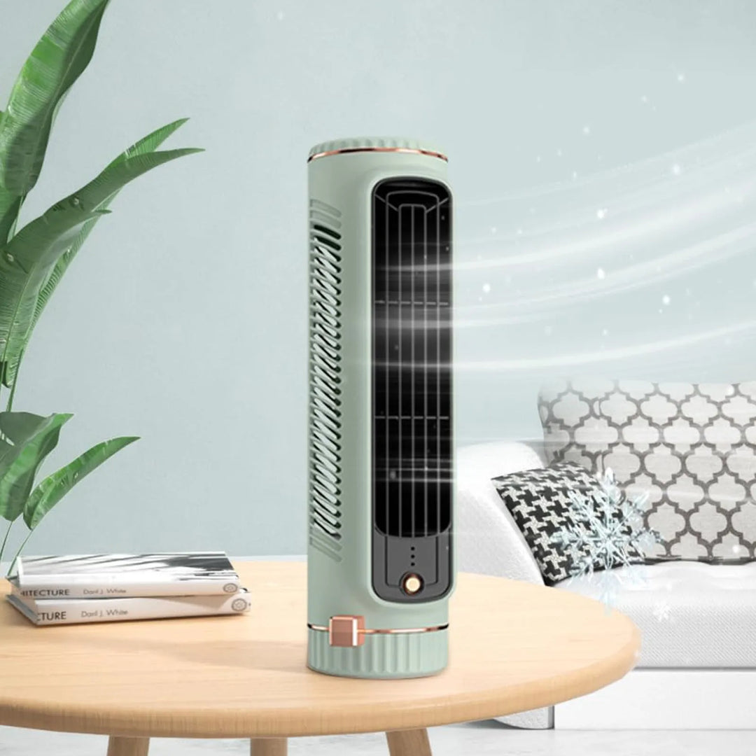Green bladeless tower fan providing quiet personal cooling. Ideal portable desk fan for home & office use.