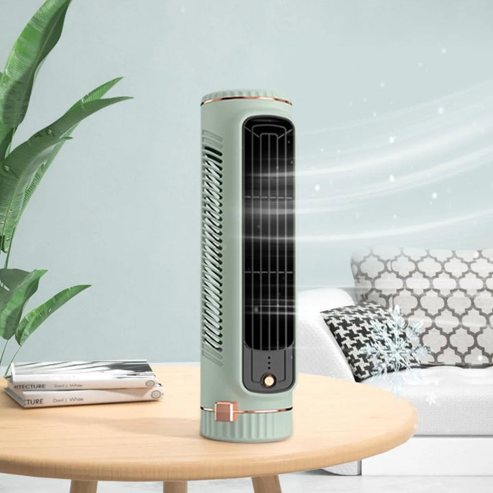 Green bladeless tower fan providing quiet personal cooling. Ideal portable desk fan for home & office use.