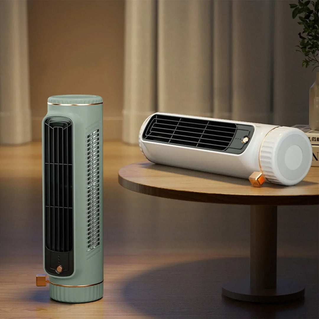 Sleek white bladeless portable tower fan for efficient personal cooling. Quiet operation for office or home.