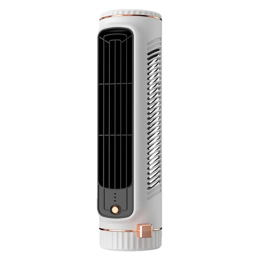 Rechargeable white bladeless tower fan delivers quiet personal cooling. USB powered for desk & office.