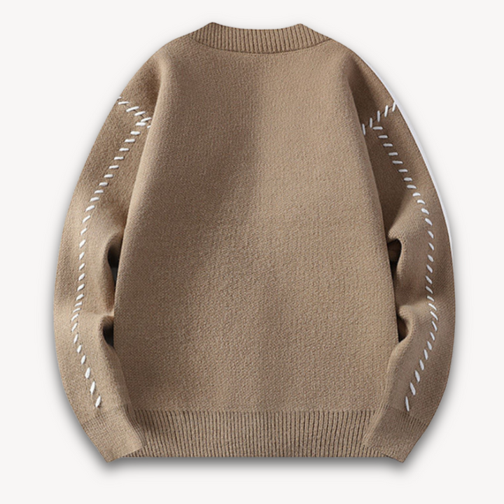 "White men's wool cardigan sweater with button-up front, ribbed cuffs, and black stitch detail for stylish winter wear."