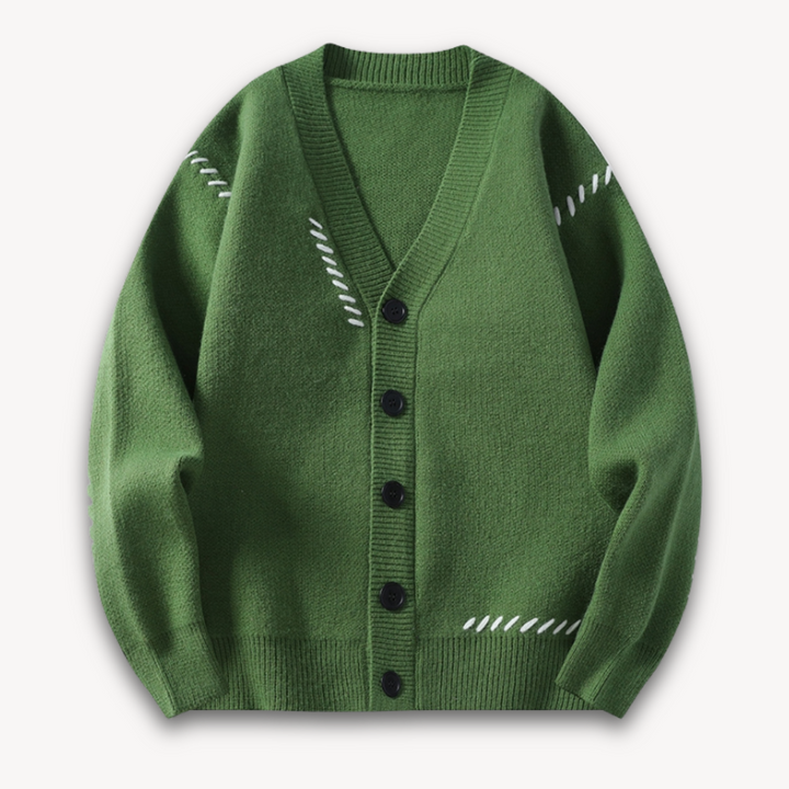 "White men's wool cardigan sweater with button-up front, ribbed cuffs, and black stitch detail for stylish winter wear."