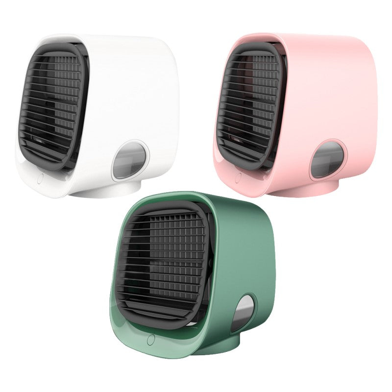 White portable desktop air cooler & humidifier with USB-C power for personal cooling and home comfort.