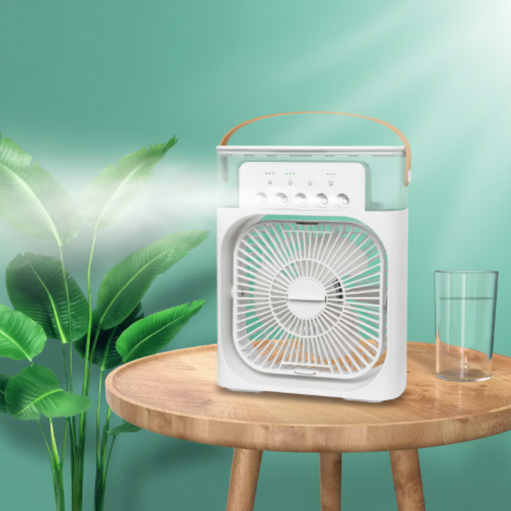Versatile white evaporative cooler, acting as a personal air conditioner, fan, and humidifier for any room.