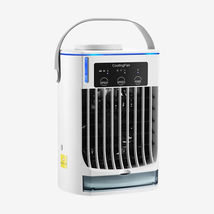 White portable mini air cooler fan for personal desk cooling. USB powered, compact for summer relief.