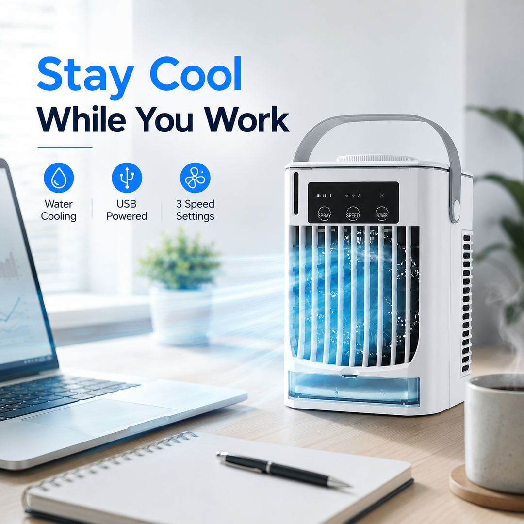 White portable personal air cooler. Mini USB fan for desks, providing compact relief from summer heat.