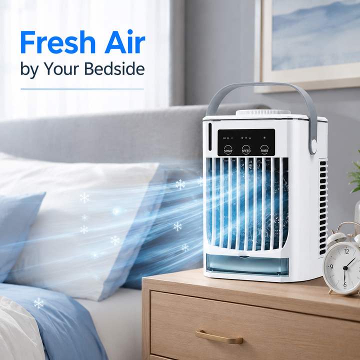 Personal portable white mini air cooler. USB fan for desk. Stay cool and comfortable this summer.