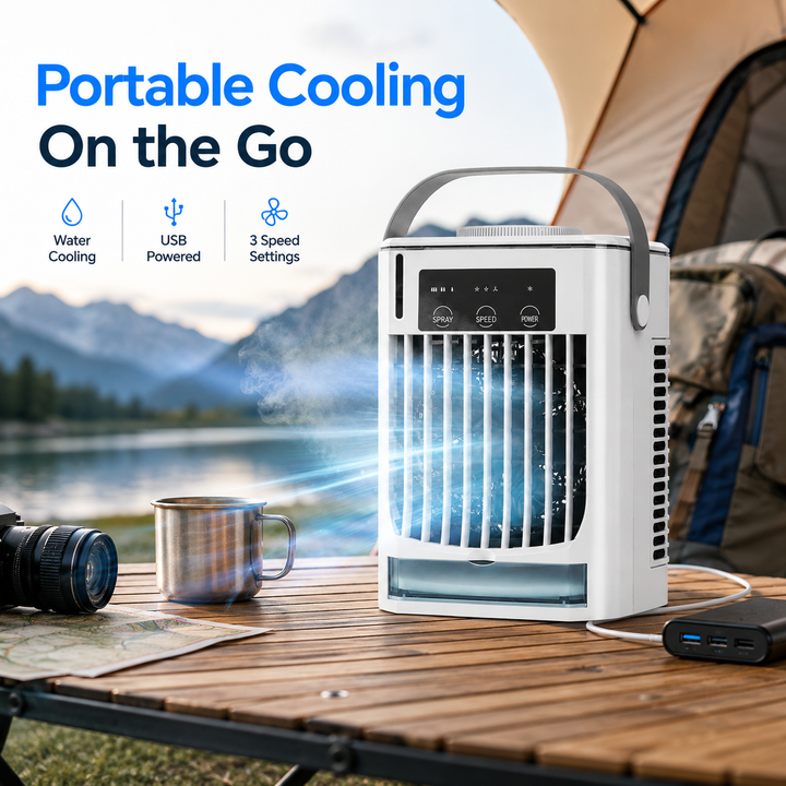 Compact white portable mini air cooler. USB desk fan for personal summer cooling.