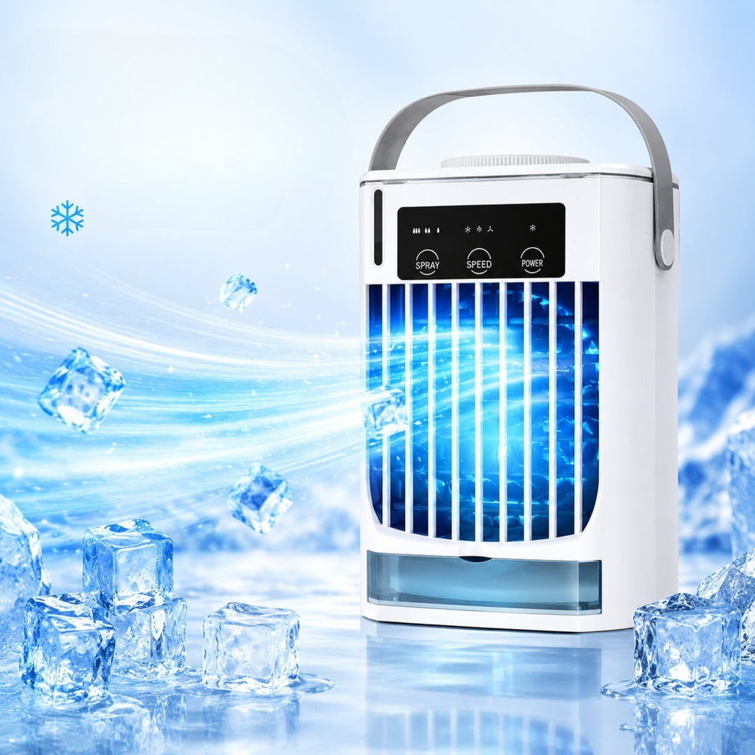 Compact white portable USB desk fan. Personal mini air cooler for effective summer cooling at work or home.