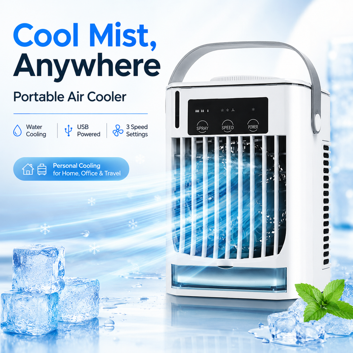 Personal mini air cooler, white and portable. USB fan for desk. Stay cool this summer with compact cooling.
