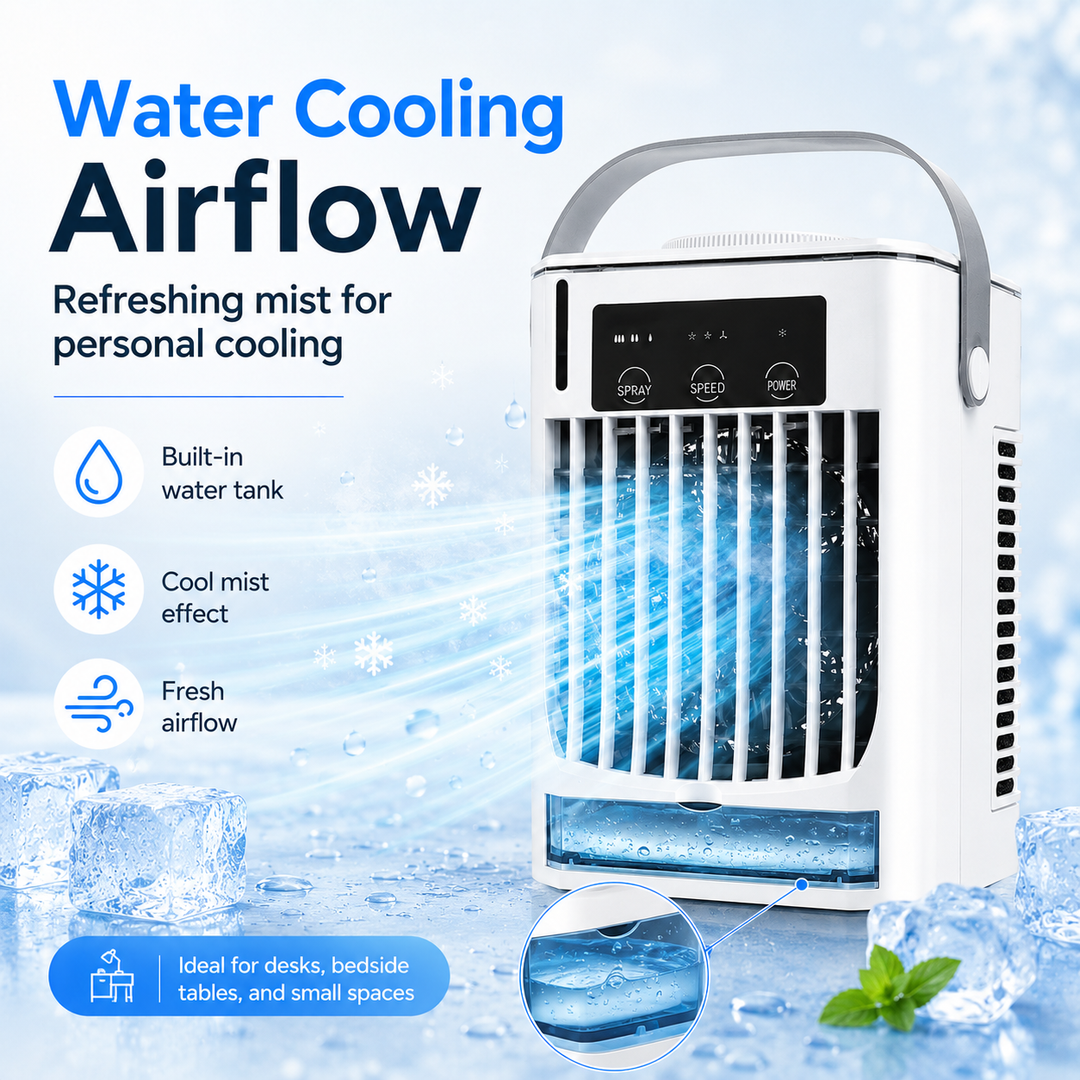 White portable mini air cooler fan. USB powered personal cooling device, ideal for desks in summer.