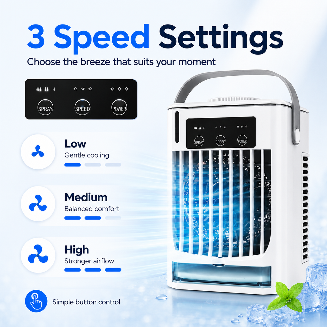 Compact white mini fan. Portable USB desk air cooler for personal cooling in hot summer months.