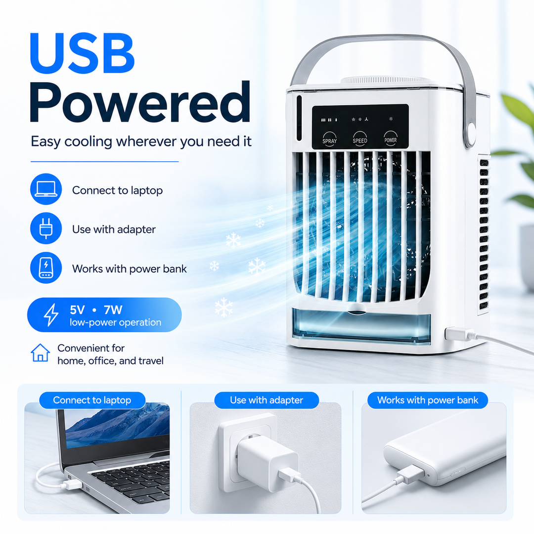 Personal portable USB air cooler. White mini fan for desk, offering compact cooling for summer comfort.