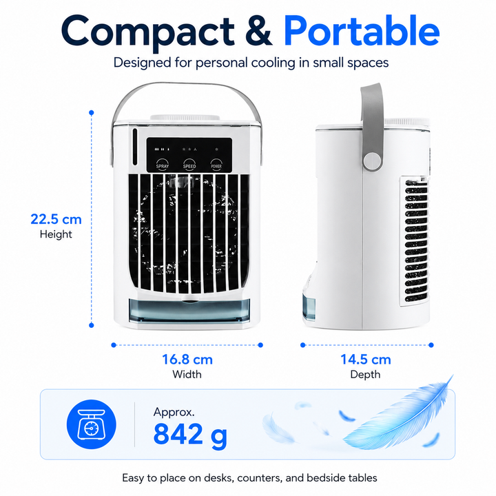 White personal mini air cooler fan. Portable USB powered cooling device, perfect for summer desk use.